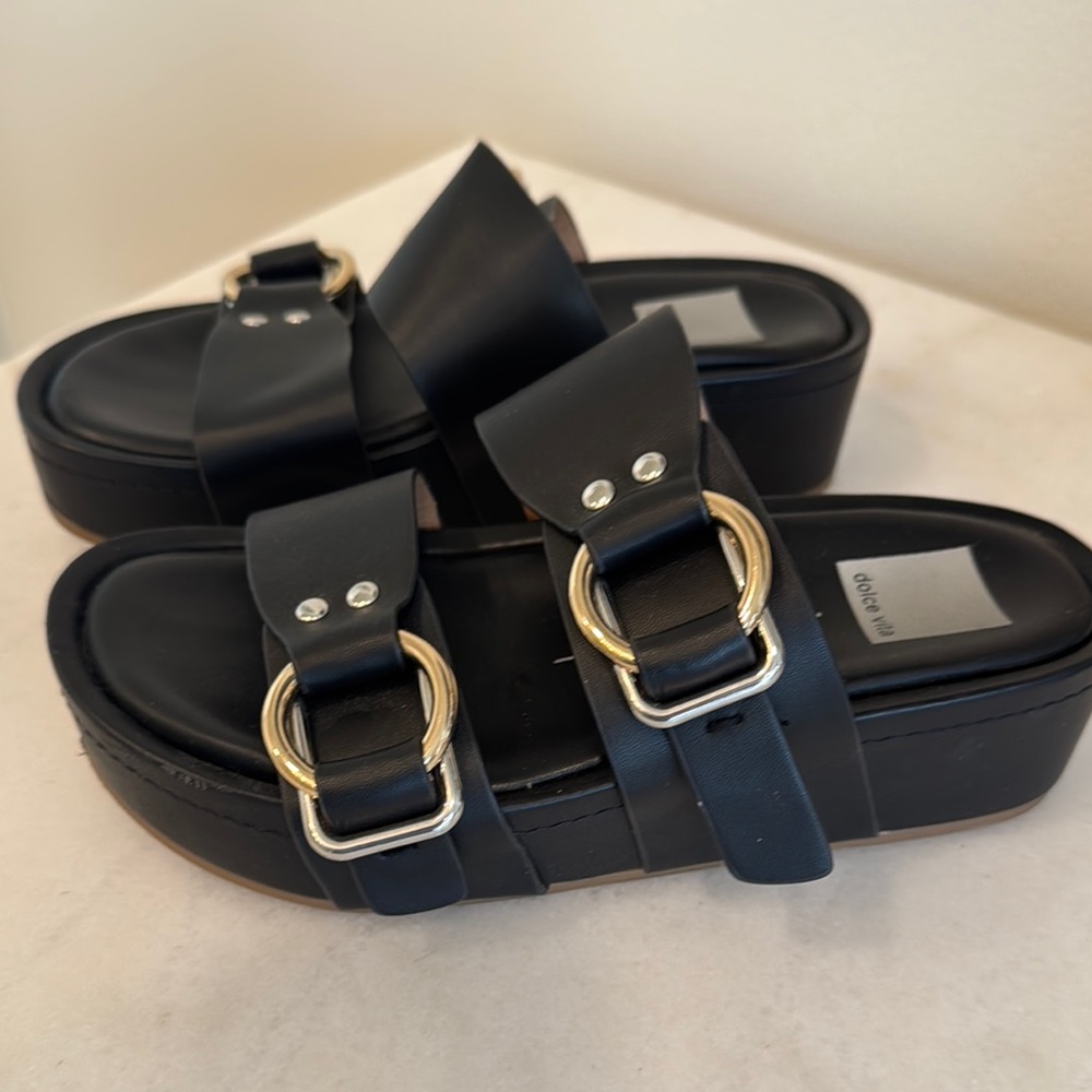 Dolce Vita Black Leather Sandals with Gold Buckles